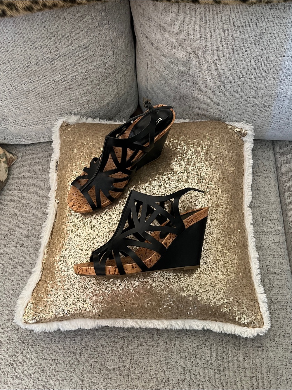 BCBG Black Cutout Cork Wedge Sandals